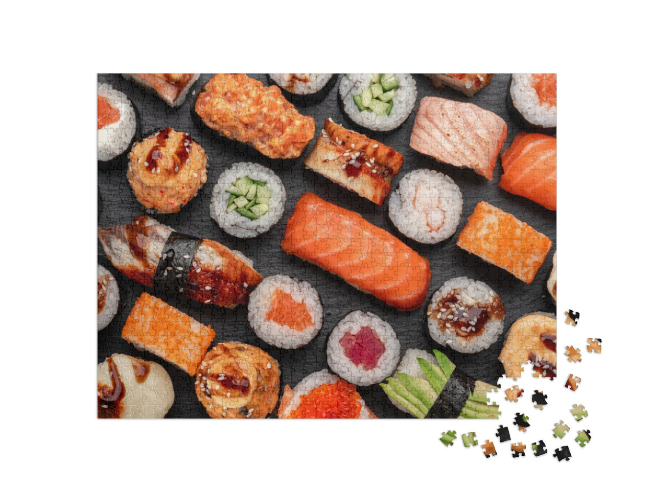 Puzzle 1000 Teile „Assortierte Sushi Nigiri und Maki auf Schieferplatten“