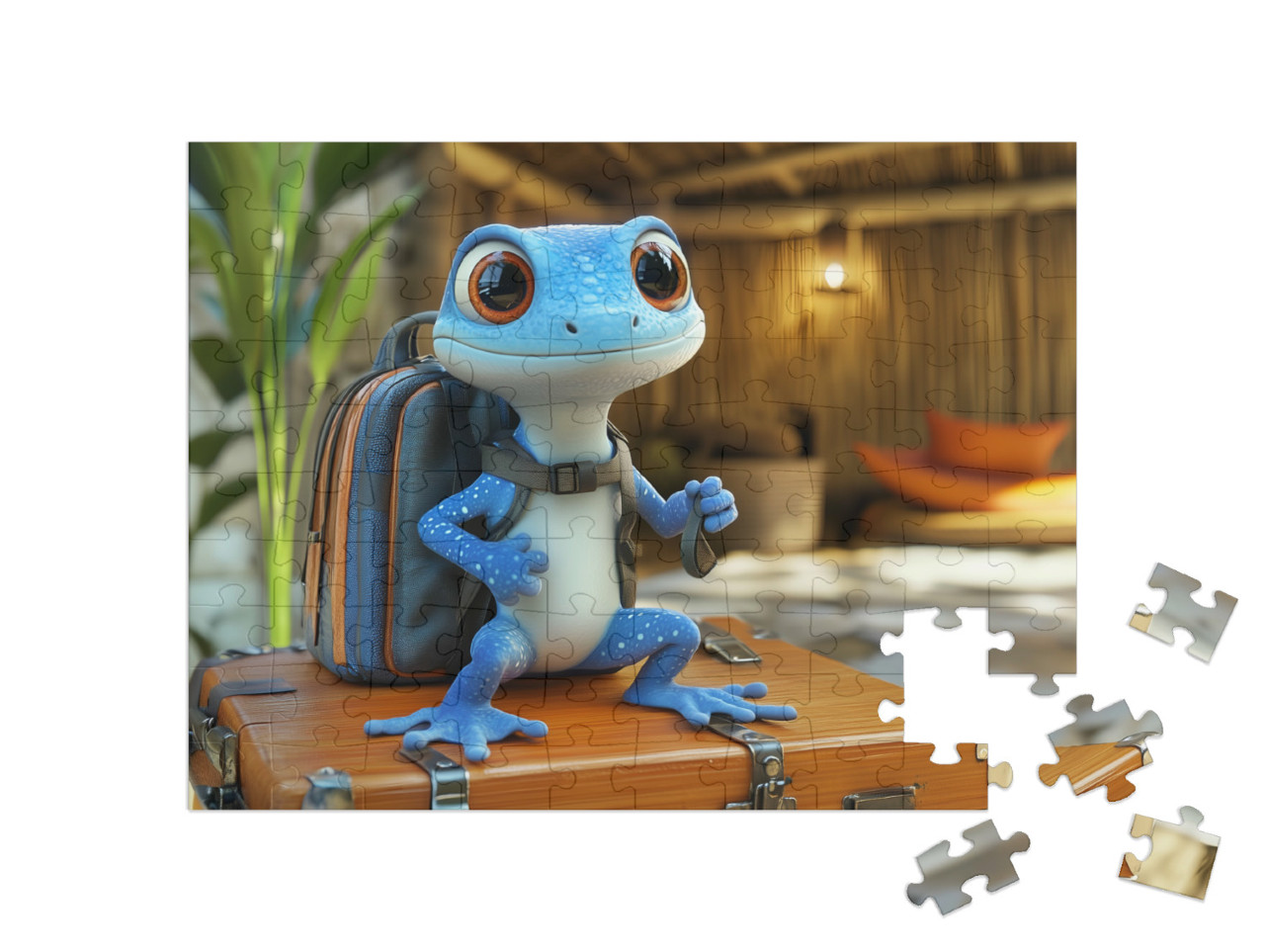 Puzzle 100 Teile „Ein kleiner, blauer Salamander geht auf Weltreise“