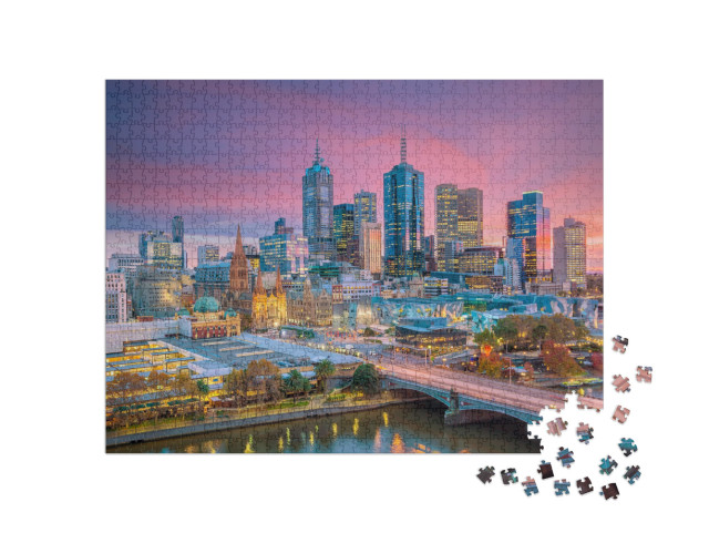 Puzzle 1000 Teile „Skyline von Melbourne am Abend, Australien“