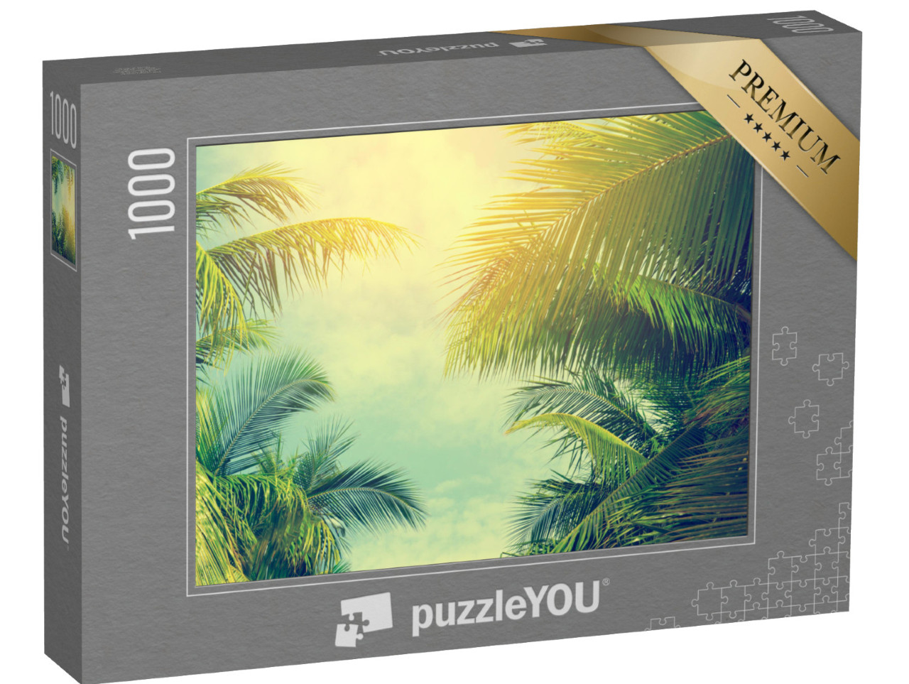 Puzzle 1000 Teile „Blick nach oben: Palmen unter blauem Himmel, vintage-getönt“