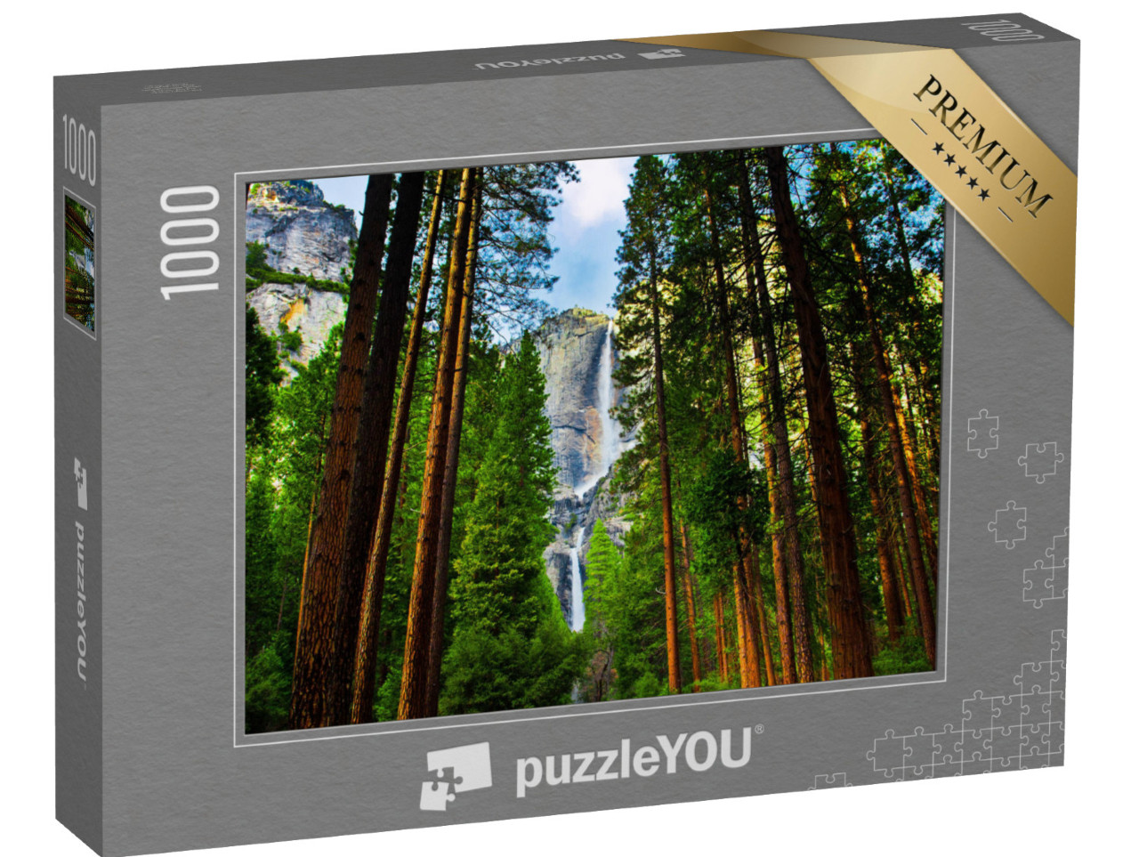 Puzzle 1000 Teile „Yosemite Wasserfälle hinter Sequoias in Yosemite National Park, Kalifornien“