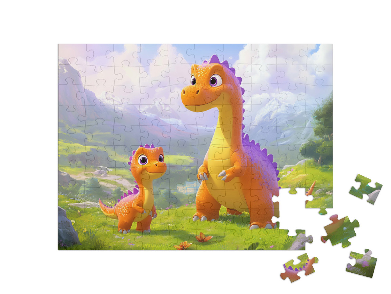 Puzzle 100 Teile „Mama und Baby Dino in den Bergen“