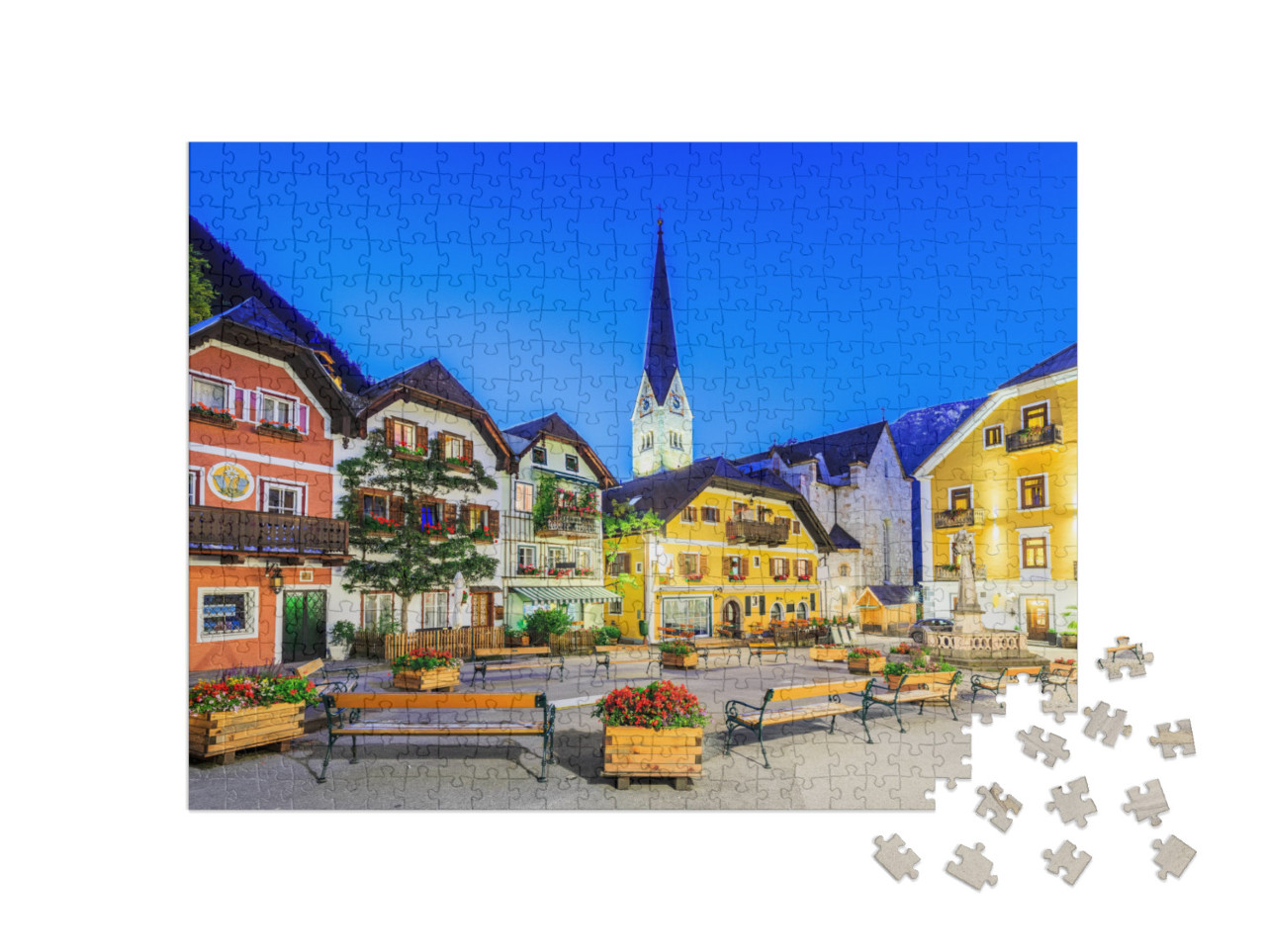 Puzzle 500 Teile „Hallstatt, Österreich. Bergdorf in den österreichischen Alpen bei Dämmerung“