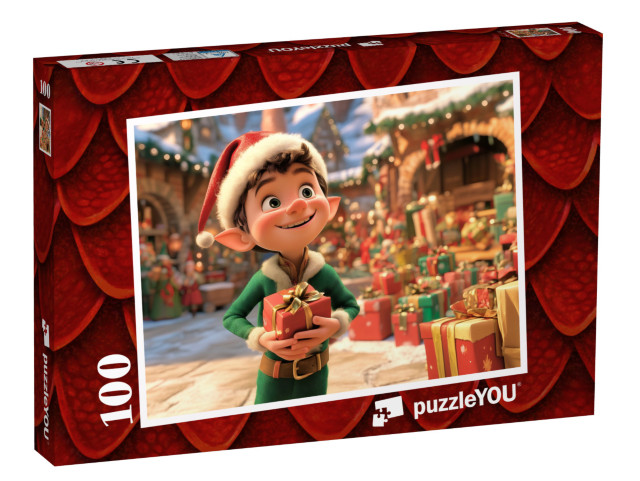Puzzle 100 Teile „Der kleine Wichtel im Geschenkeparadies“