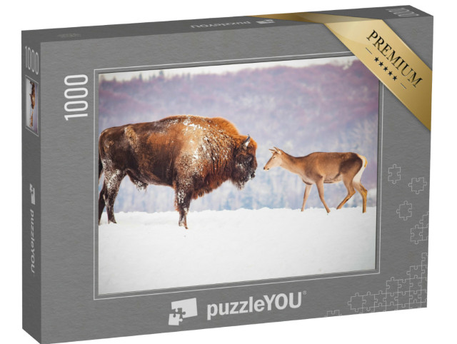 Puzzle 1000 Teile „europäische Bisons und Hirsche im Winter“