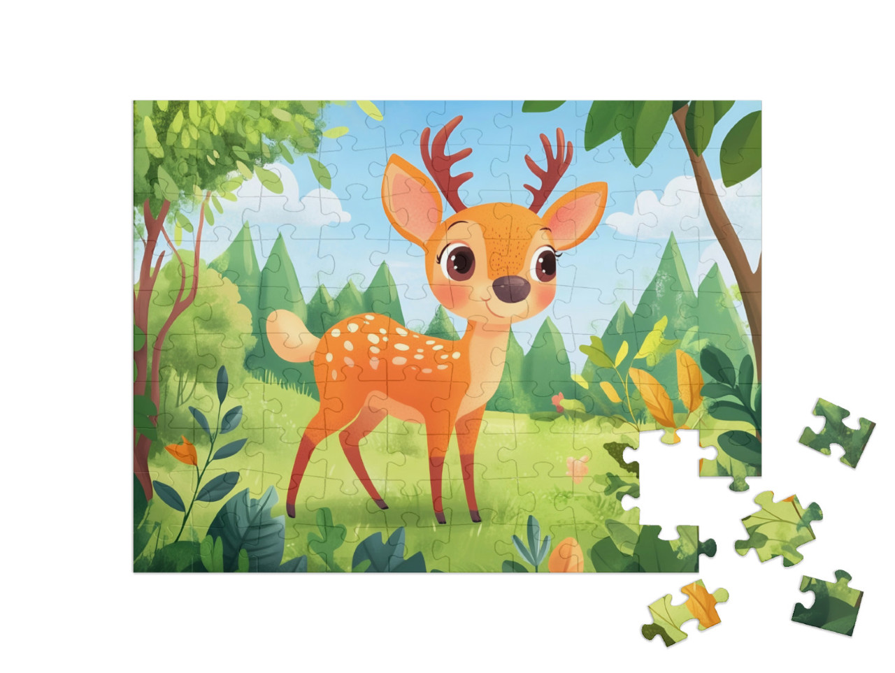 Puzzle 100 Teile „Auf der Wiese mit dem kleinen Rehkitz“