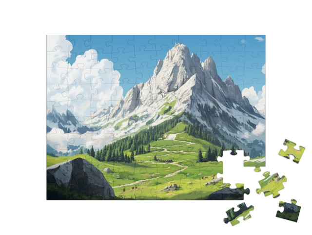 Puzzle 100 Teile „Berggipfel, grüne Wiesen und blauer Himmel“