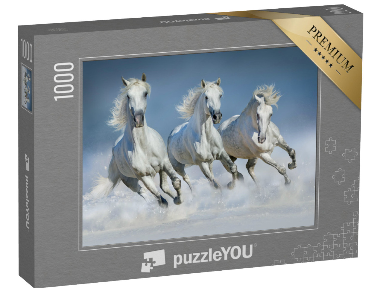 Puzzle 1000 Teile „Gruppe von schönen arabischen Pferden läuft Galopp durch Schnee“