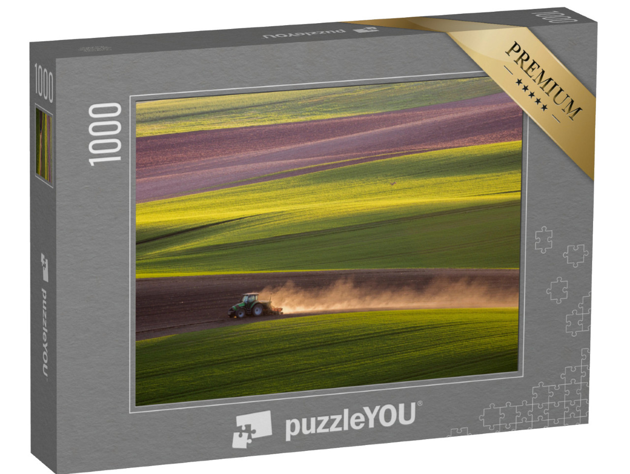 Puzzle 1000 Teile „Pflügender Traktor bei Sonnenuntergang im Frühjahr, Südmähren, Tschechische Republik“