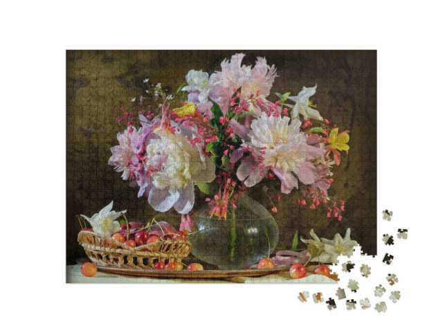 Puzzle 1000 Teile „Stillleben mit Glocken, Pfingstrosen, Aquilegia und Kirschen“