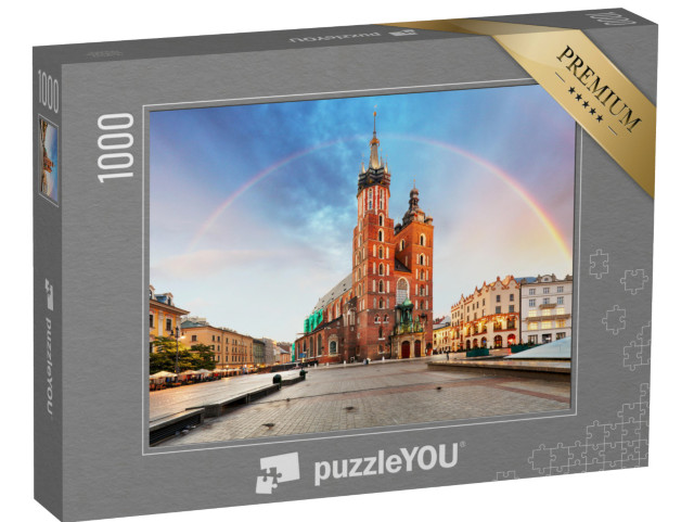 Puzzle 1000 Teile „Marienbasilika auf dem Hauptplatz von Krakau mit Regenbogen“