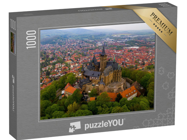 Puzzle 1000 Teile „Schloss von Wernigerode, Harz, Sachsen-Anhalt, Deutschland, Luftaufnahme von oben“