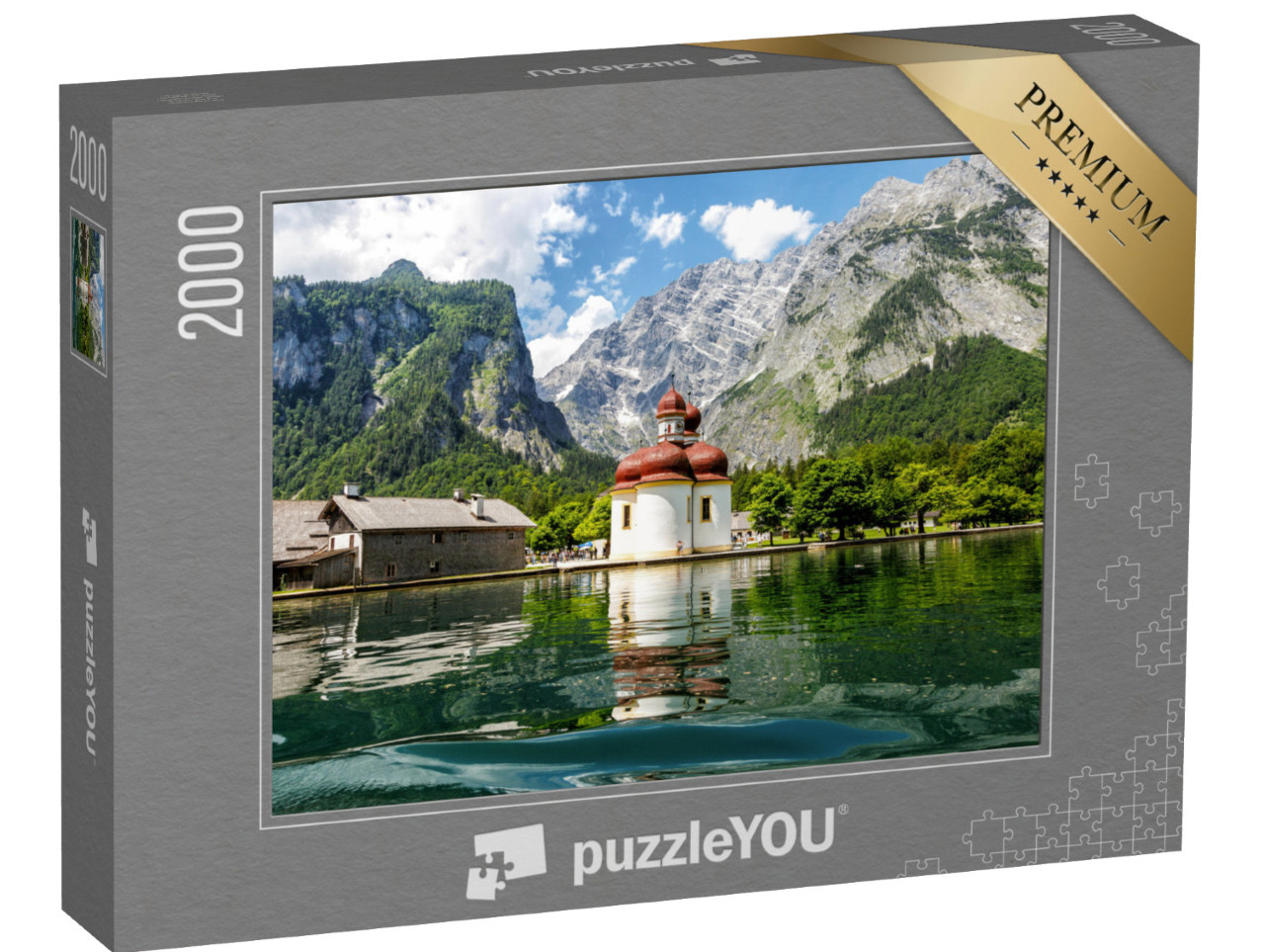 Puzzle 2000 Teile „Blick vom Königssee auf Kirche St. Bartholomäus, Bayern“