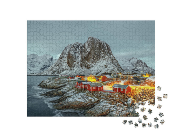Puzzle 1000 Teile „Fischerhütte bei Sonnenuntergang, Panorama von den Lofoten, Norwegen“