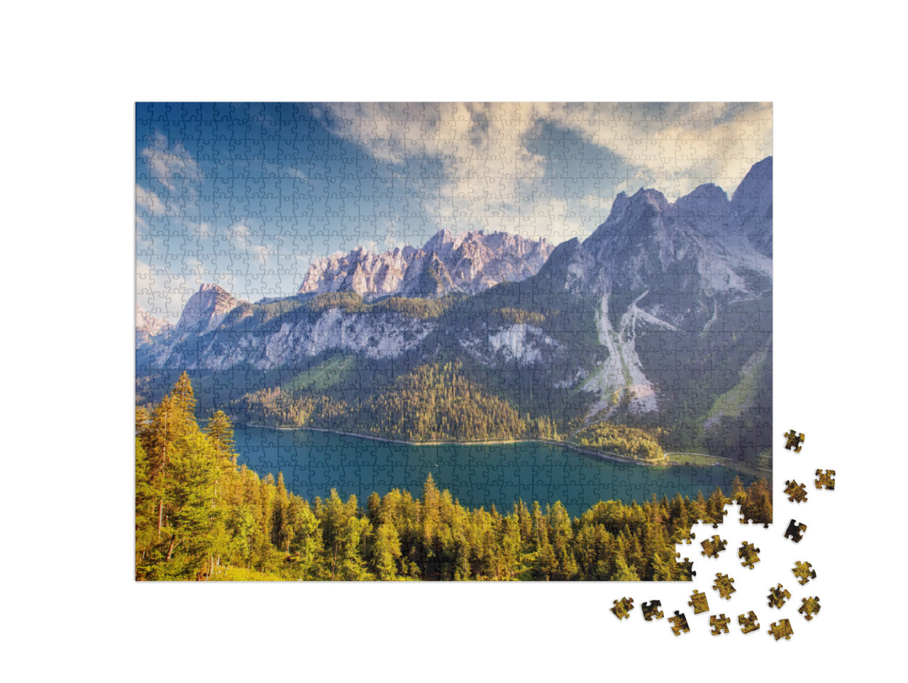 Puzzle 1000 Teile „Fantasischer Blick über den Vorderen Gosausee und Dachstein-Gletscher, Österreich“