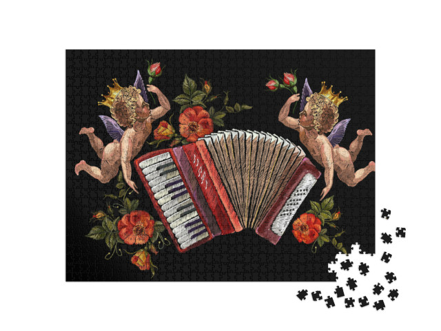 Puzzle 1000 Teile „Ein Engel, Akkordeon und Rosen, Musik“