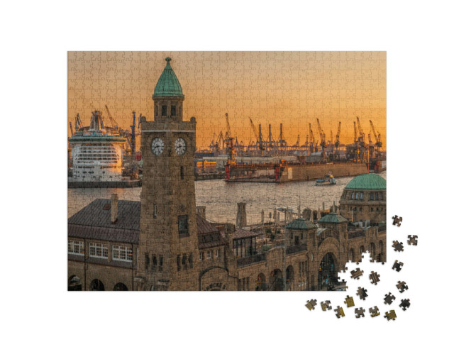 Puzzle 1000 Teile „Sonnenuntergang über den Landungsbrücken und dem Hafen in Hamburg“