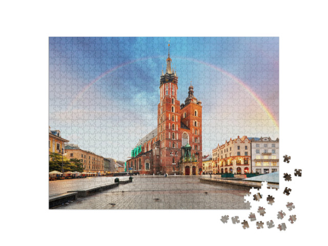 Puzzle 1000 Teile „Marienbasilika auf dem Hauptplatz von Krakau mit Regenbogen“