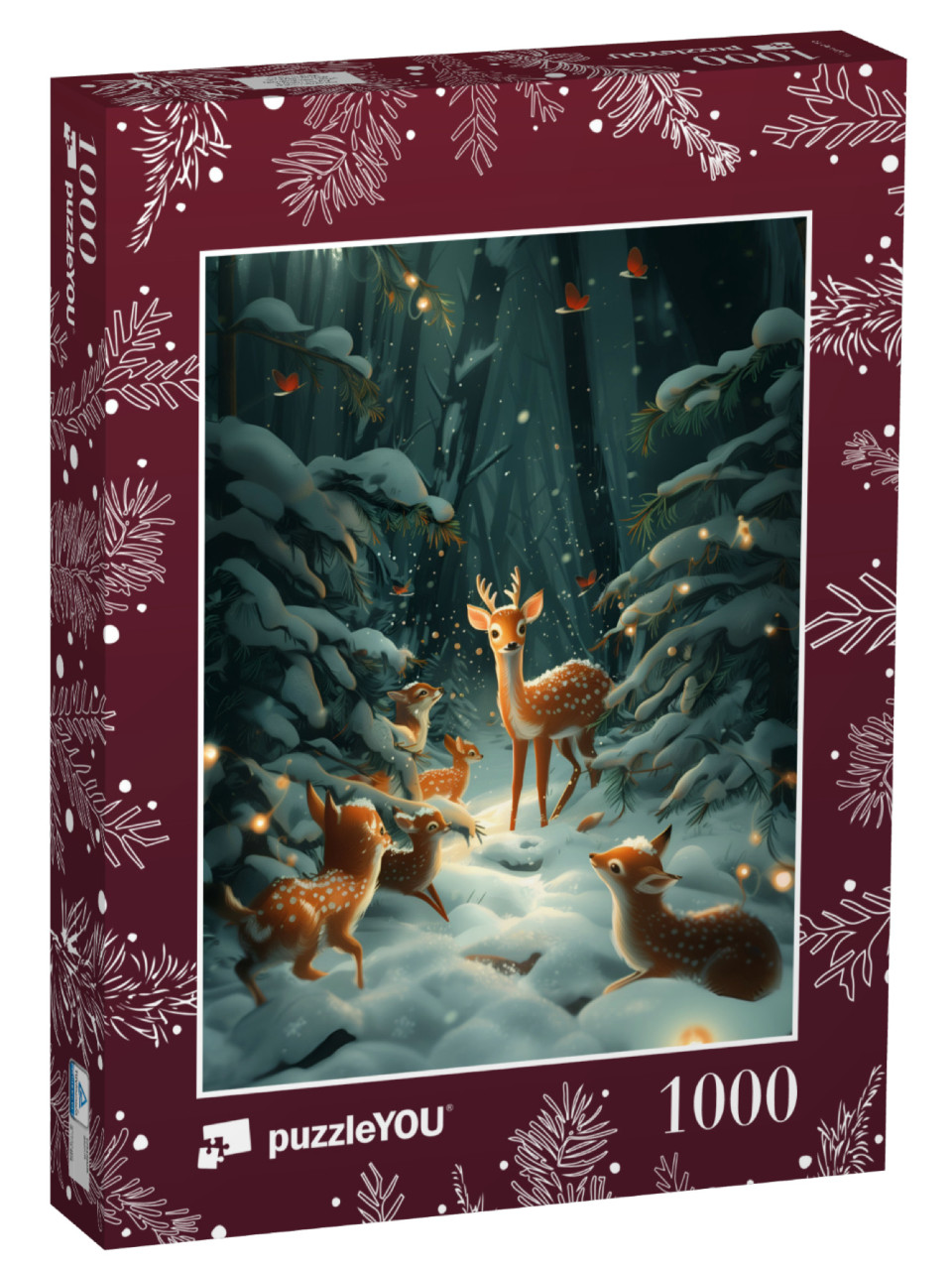 Puzzle 1000 Teile „Rehfamilie entdeckt den Schnee“