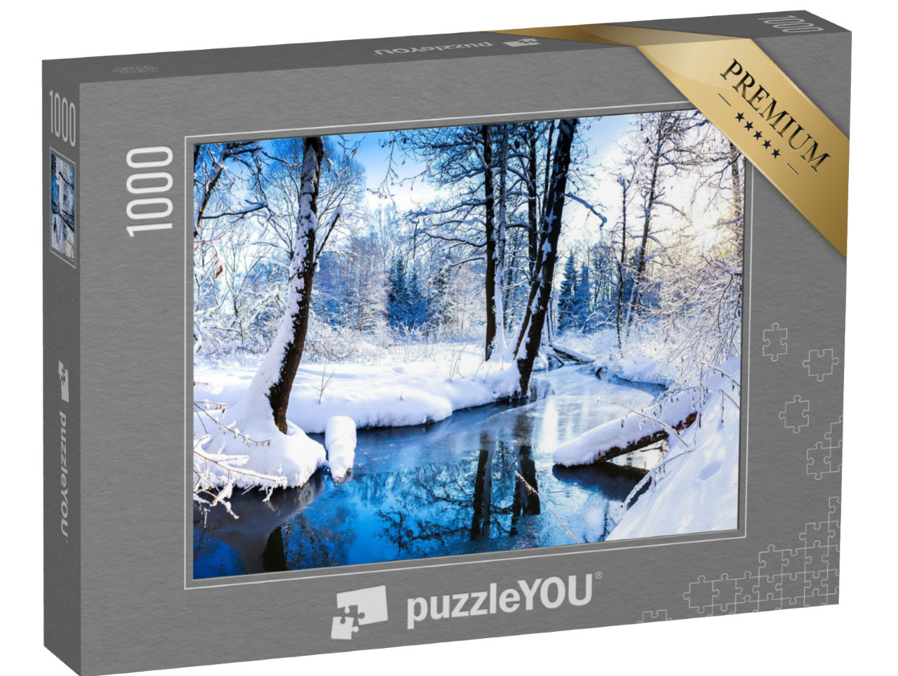 Puzzle 1000 Teile „Bezaubernde Flusslandschaft im Winterwald“