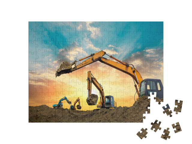 Puzzle 200 Teile „Bagger arbeiten bei Sonnenuntergang auf der Baustelle“