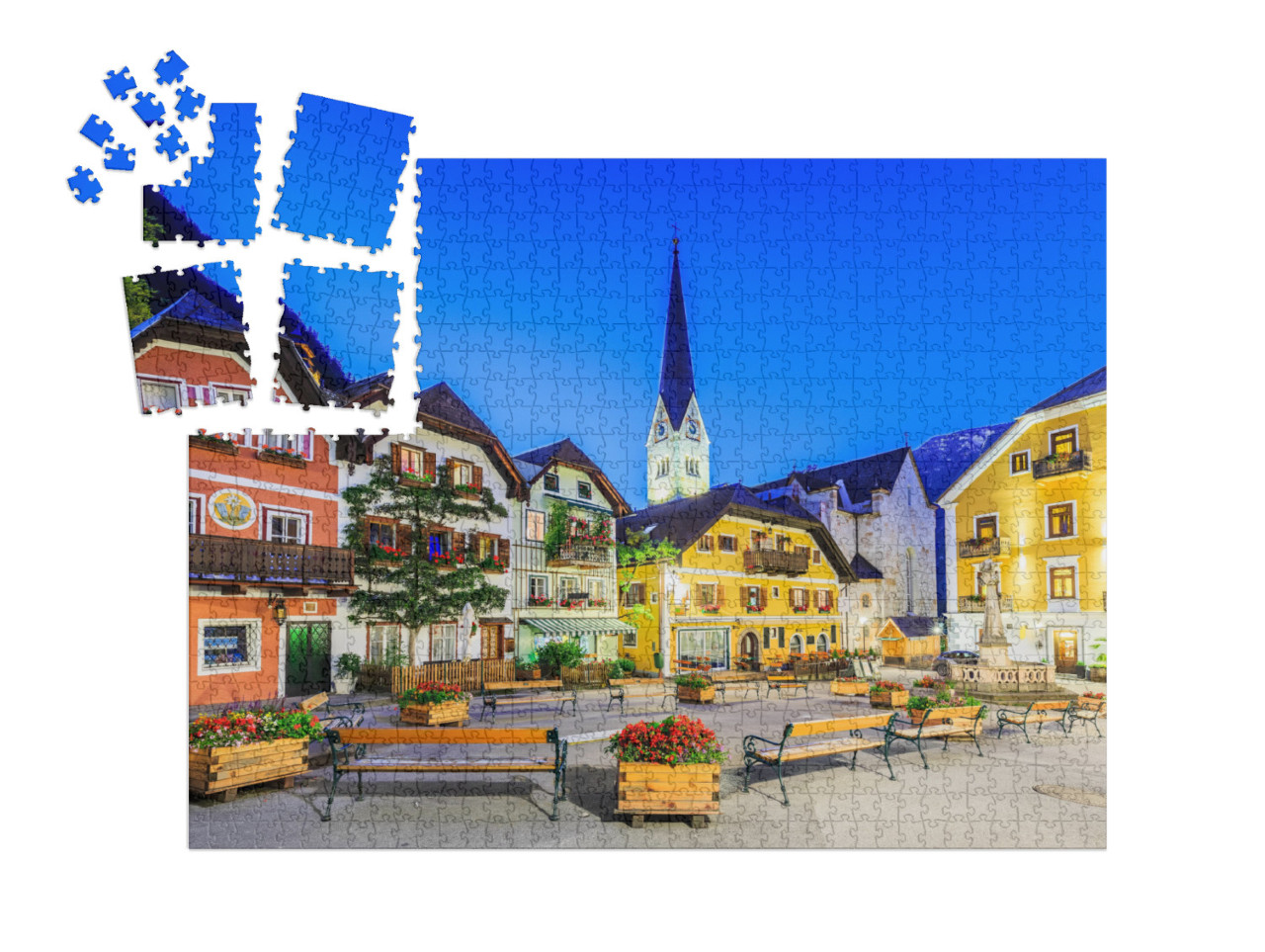 Puzzle „Hallstatt, Österreich. Bergdorf in den österreichischen Alpen bei Dämmerung“ | SMART SORTED® 1000 Teile