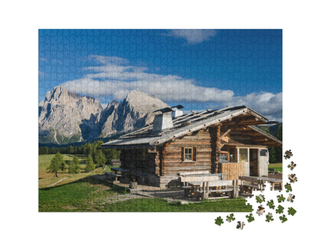 Puzzle 1000 Teile XXL „Hütte auf der Seiser Alm mit Plattkofel und Langkofel, Südtirol“