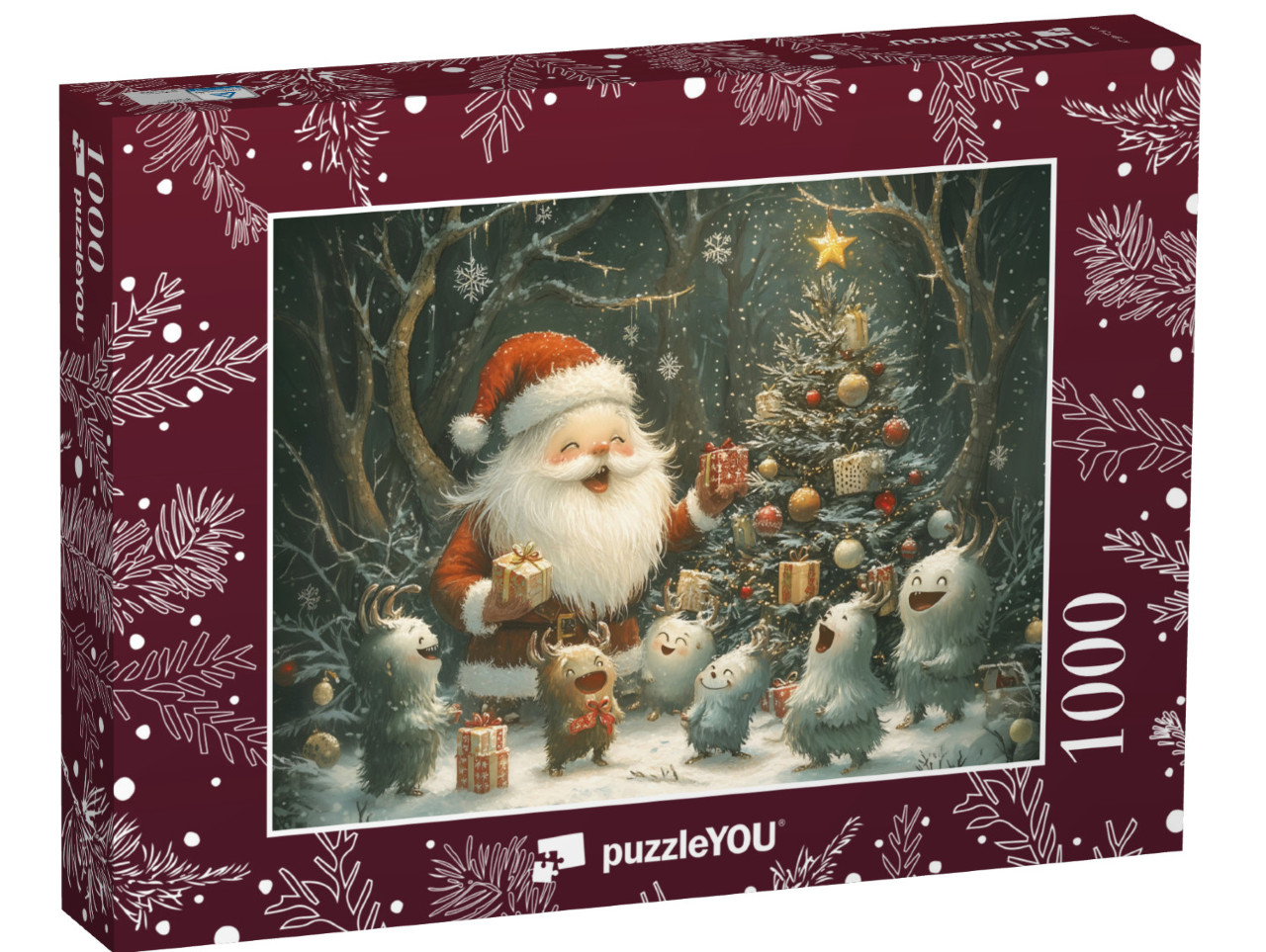 Puzzle 1000 Teile „Weihnachtsmann beschenkt die flauschigen Waldgeister“