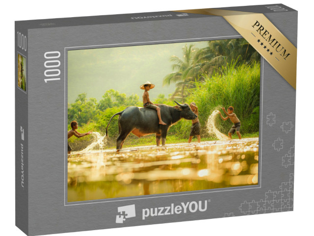 Puzzle 1000 Teile „Wasserspiele - Jungen und Wasserbüffel in Asien“