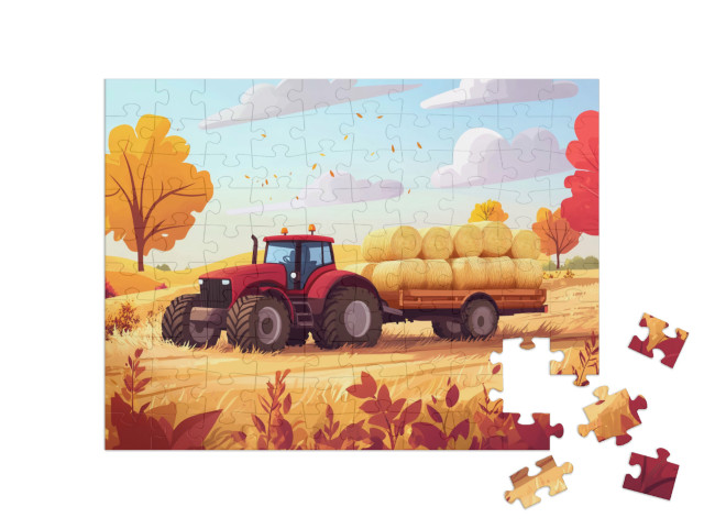 Puzzle 100 Teile „Ein Bulldog-Anhänger voller goldener Strohballen“