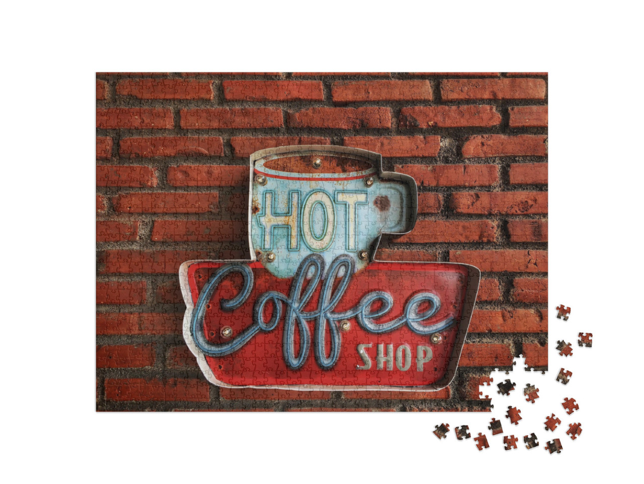 Puzzle 1000 Teile „Coffeeshop, Kaffee, Reklame vor einer Backsteinmauer“