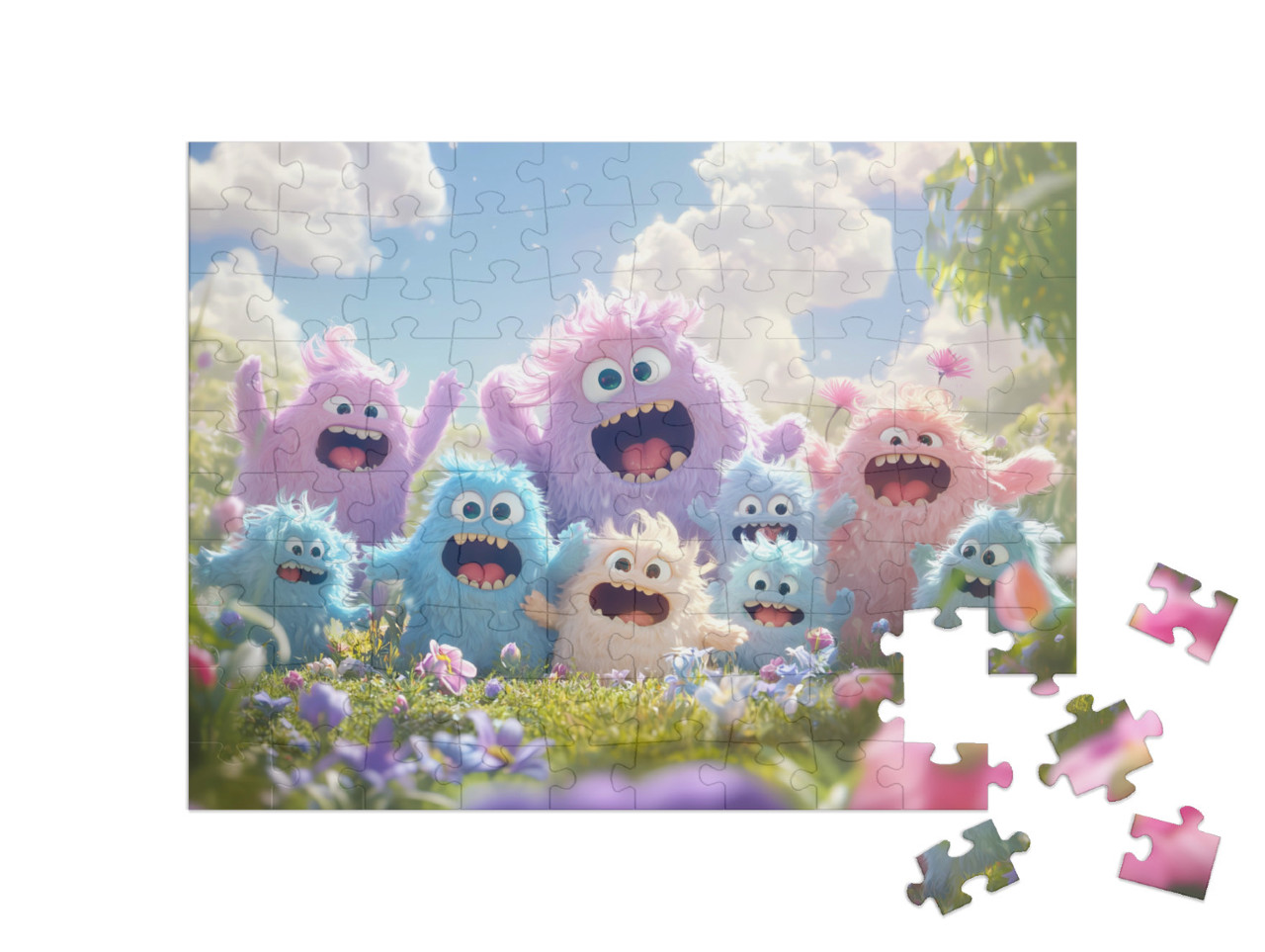 Puzzle 100 Teile „Eine flauschige Monsterfamilie auf der Frühlingswiese“