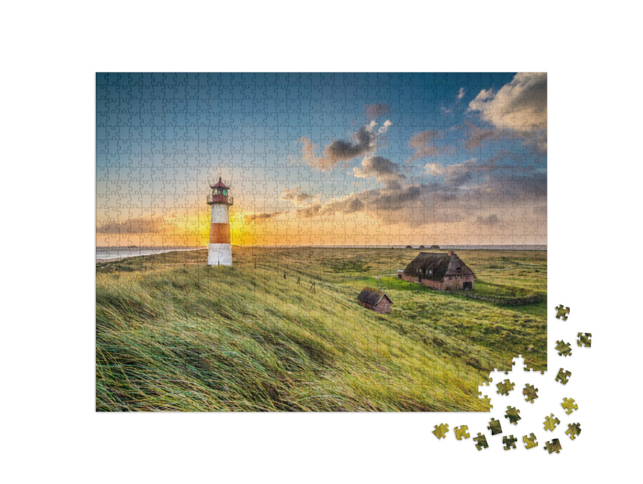 Puzzle 1000 Teile „Sonnenaufgang am Leuchtturm in List auf Sylt, Schleswig-Holstein, Deutschland“