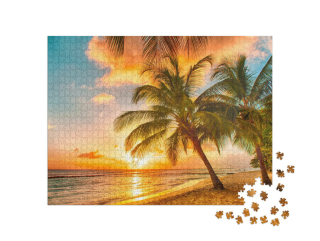 Puzzle 1000 Teile „Schöner Sonnenuntergang über dem Meer mit Blick auf Palmen, Barbados“