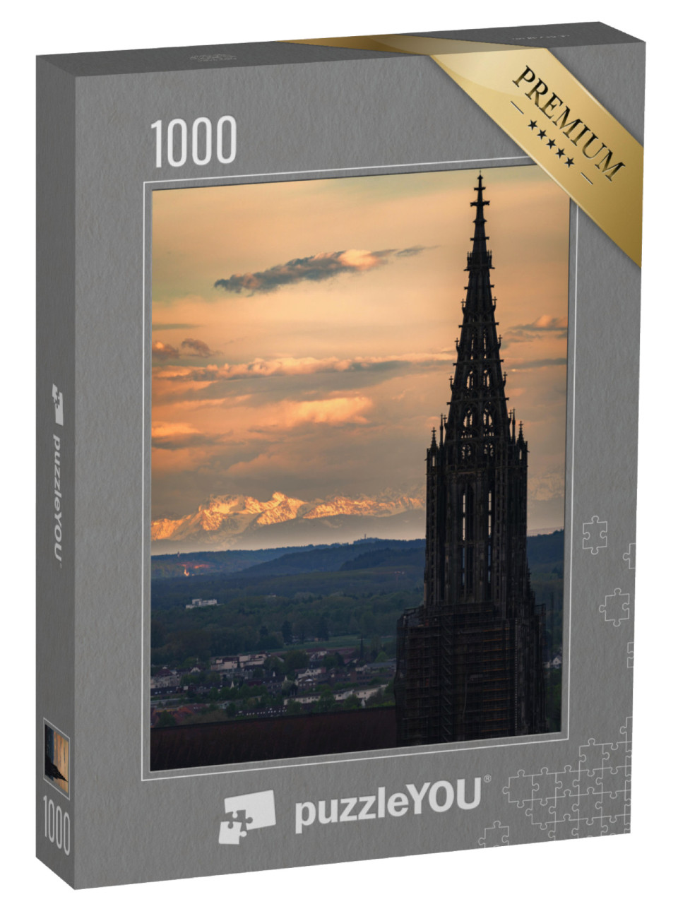 Puzzle 1000 Teile „Ulmer Münster, Sonnenuntergang, Panorama Bergkette“