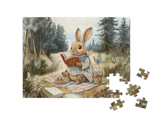 Puzzle 100 Teile „Auf der Frühlingswiese mit dem Lieblingsbuch“