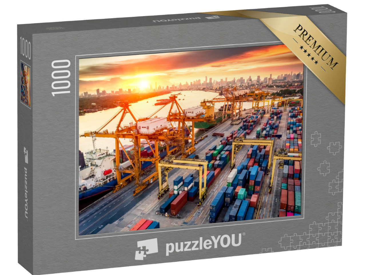 Puzzle 1000 Teile „Kranbrücken am Containerhafen bei Sonnenaufgang“