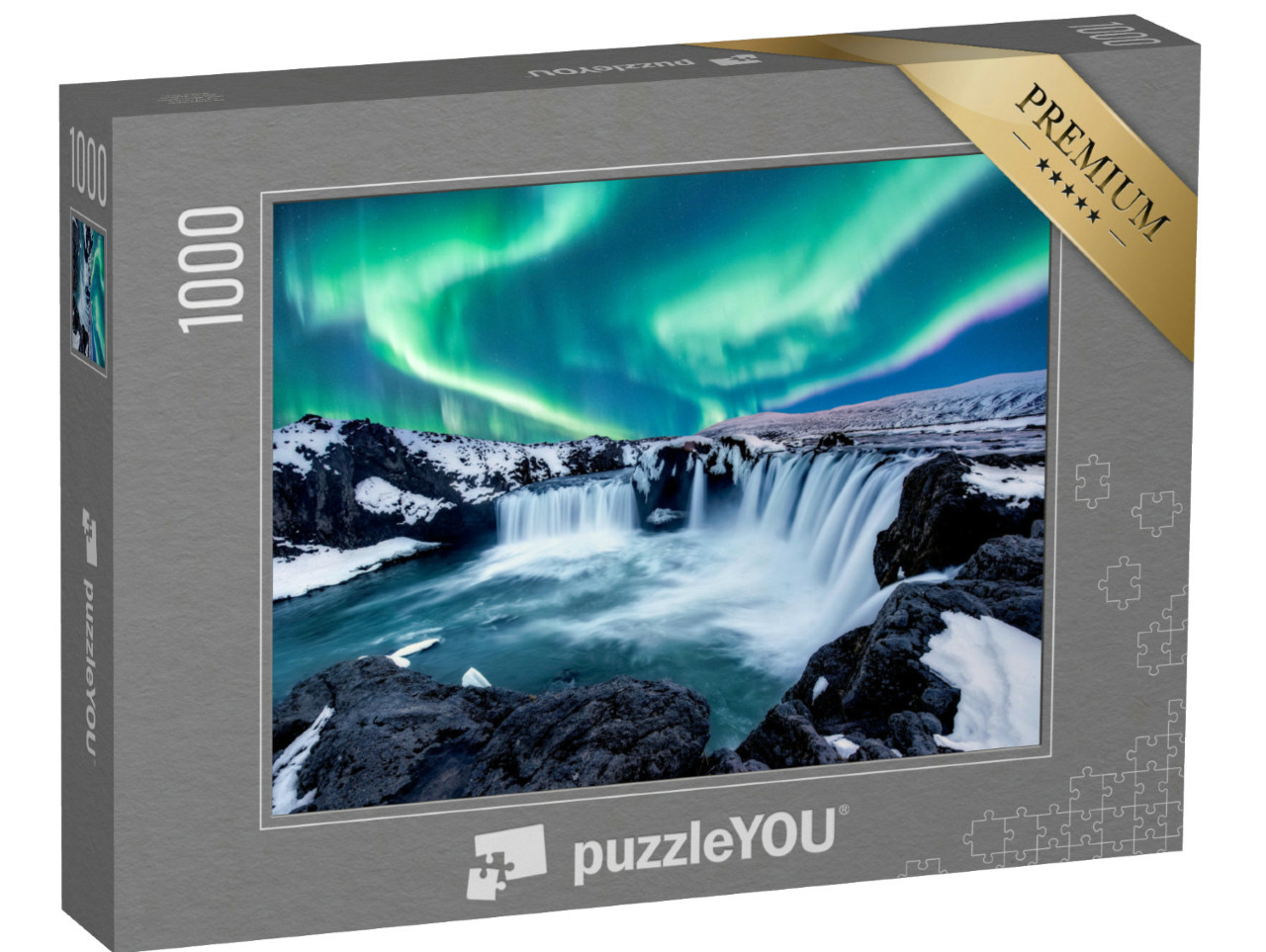 Puzzle 1000 Teile „Nordlichter über dem Godafoss, Wasserfall in Island“