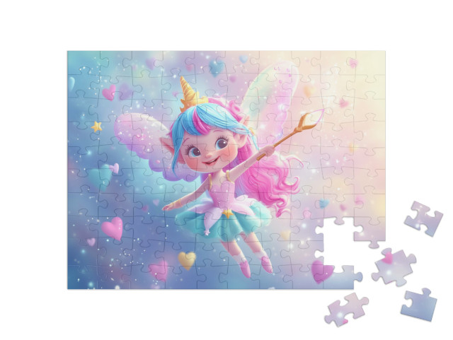 Puzzle 100 Teile „Fliegende Zauberfee im blau-rosa Herzenhimmel“