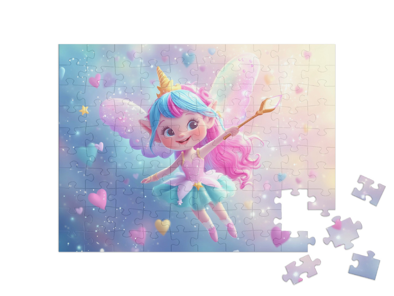 Puzzle 100 Teile „Fliegende Zauberfee im blau-rosa Herzenhimmel“