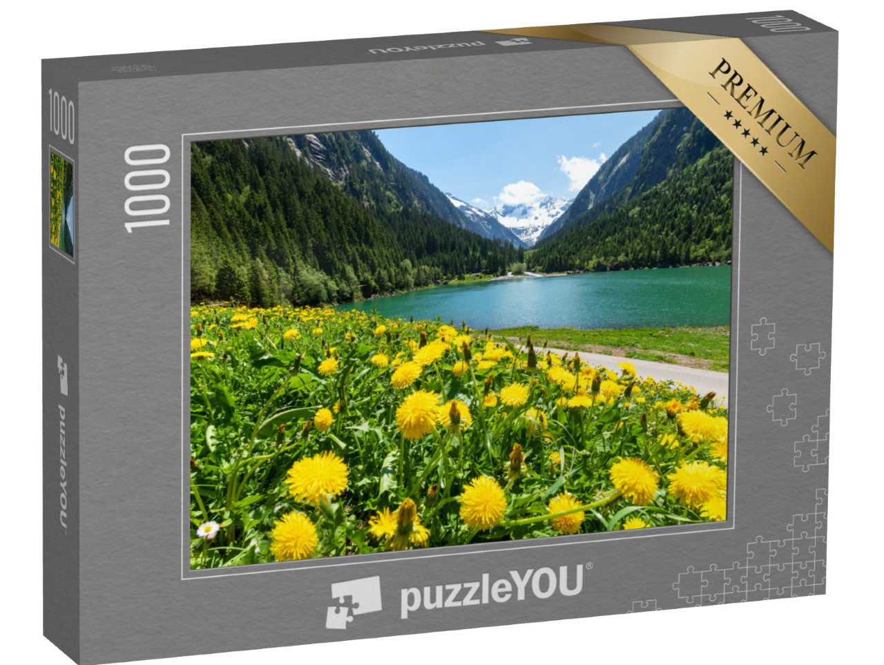 Puzzle 1000 Teile „Sommer in den Tiroler Alpen: Löwenzahn und Bergsee, Zillertal, Österreich“