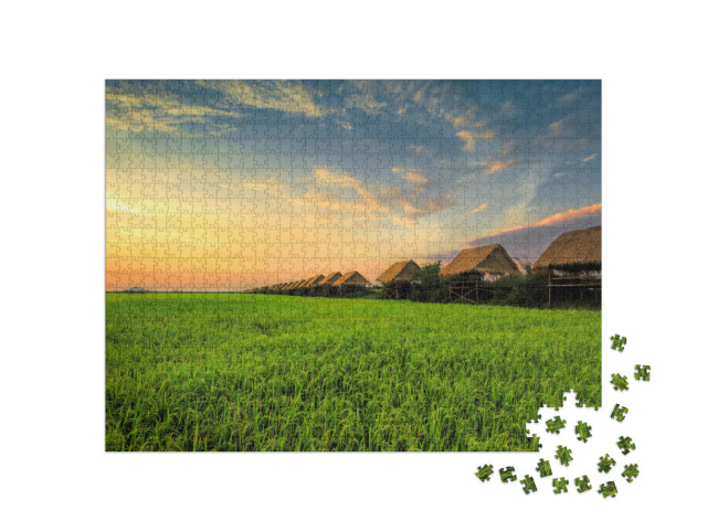 Puzzle 1000 Teile „Sonnenuntergang am Reisfeld in Siem Reap“