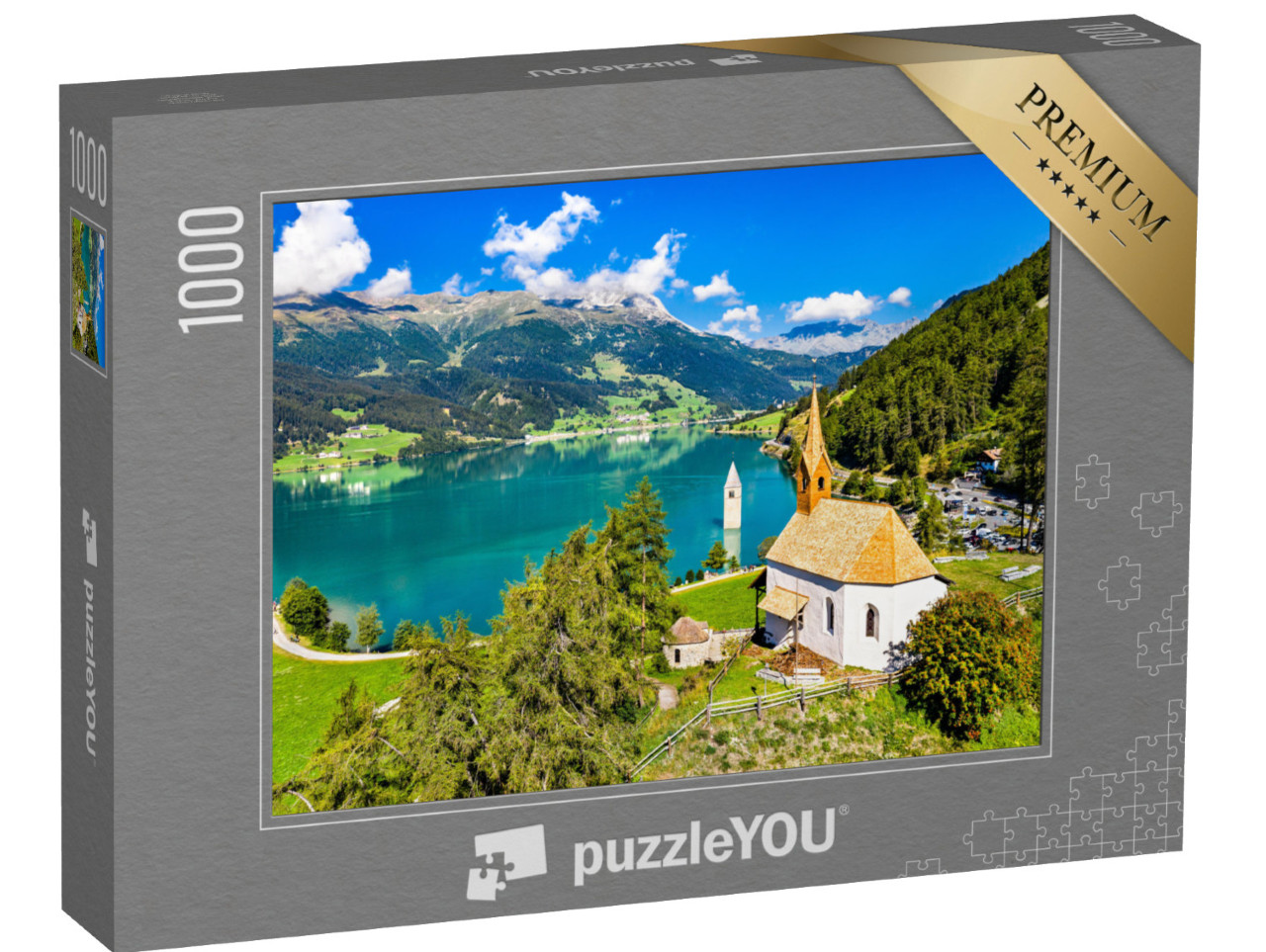 Puzzle 1000 Teile „St. Anna-Kapelle und versunkener Glockenturm von Curon, Vinschgau, Südtirol“