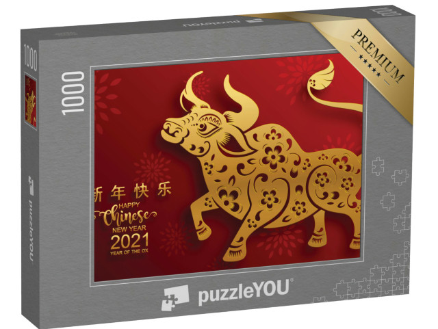 Puzzle 1000 Teile „Chinesisches neues Jahr 2021, Jahr des Ochsen, in Rot und Gold“
