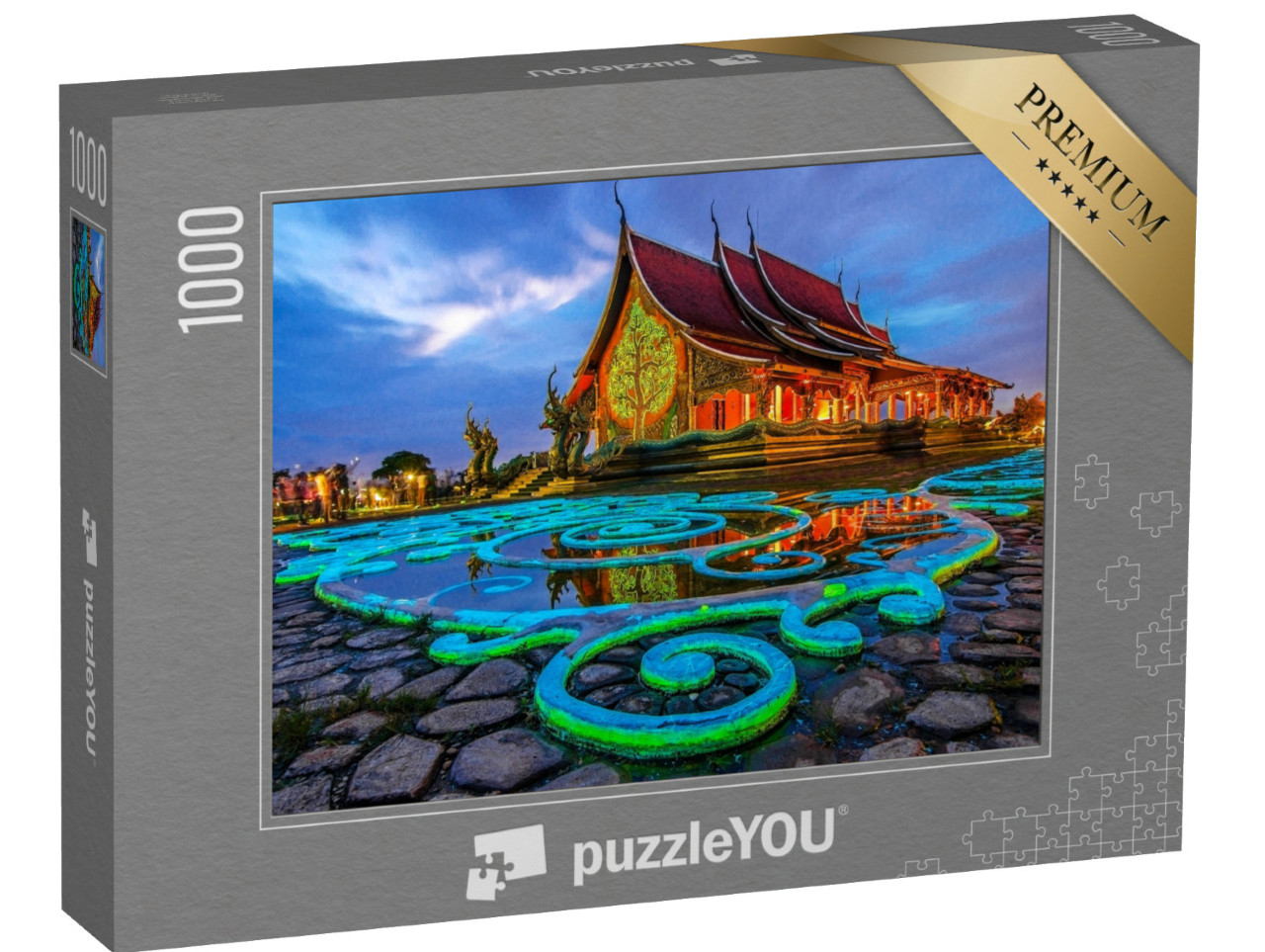 Puzzle 1000 Teile „Thailändischer Tempel: Sirindhorn Wararam Phu Prao am Abend“