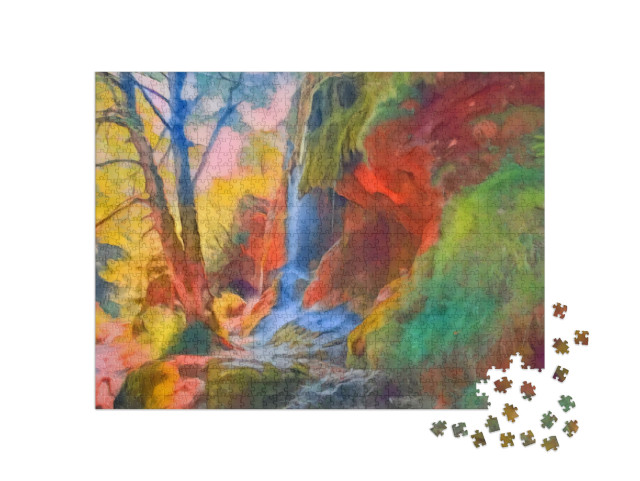 Puzzle 1000 Teile „im Kunst-Stil von Franz Marc - Wasserfälle in den Ammergauer Alpen, Deutschland“