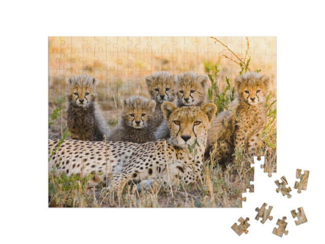 Puzzle 200 Teile „Gepardenmutter und ihre Jungtiere in der Savanne, Kenia“