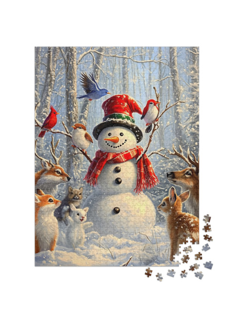 Puzzle 1000 Teile „Happy Schneemann im Wald der Tiere“