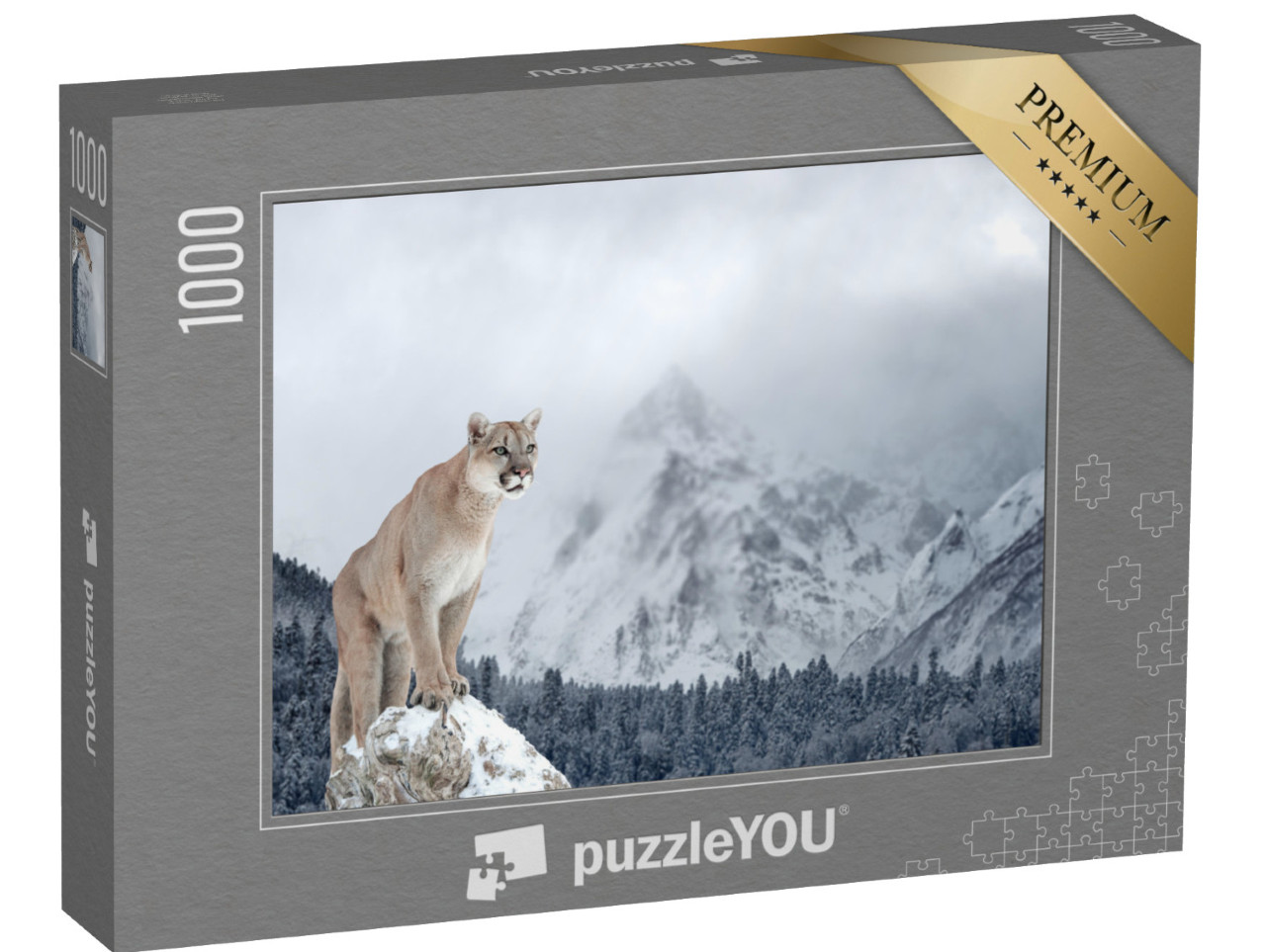 Puzzle 1000 Teile „Porträt eines Pumas in den winterlichen Bergen“