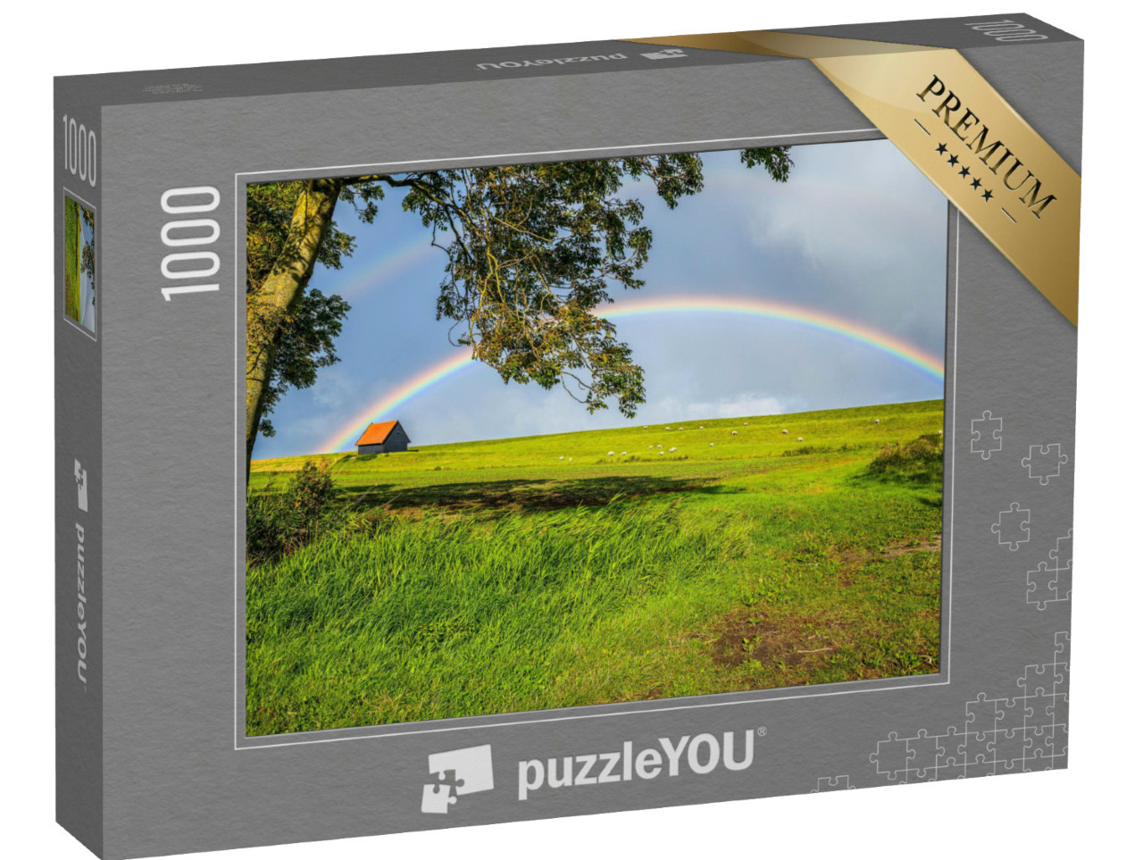 Puzzle 1000 Teile „Regenbogen über einer hügeligen Weide“
